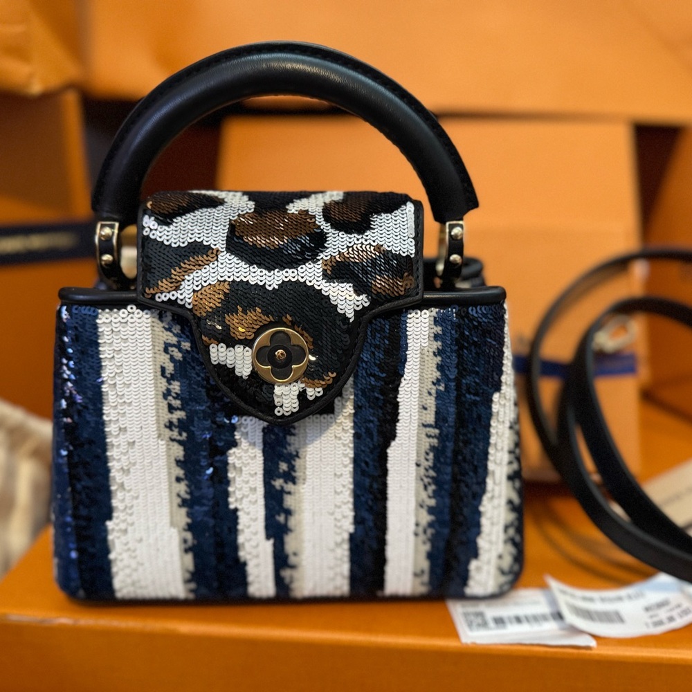 Sequin Striped Handbag with Animal Print Flap